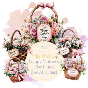 Happy Mother's Day bloemenmand clipartbundel, aquarel Moederdag PNG, sublimatieafbeeldingen voor moedercadeaus, inclusief commercieel gebruik