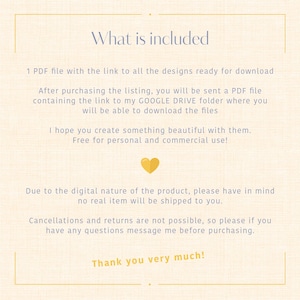 May include: Cream-colored digital download information sheet with text in a soft blue font. The text includes details about a PDF file containing design links, usage terms, and a thank you message. A small gold heart is in the center.