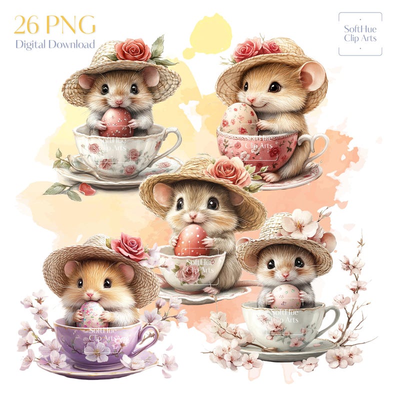 Mouse In Teacup Mice in Tea Cup Clipart Bundle, 26 PNG Cute Mouse Illustrations ...