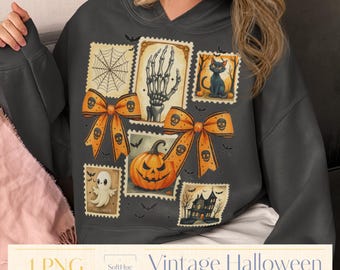 Vintage Halloween PNG Clipart | Spooky Stamp Bundle | Pumpkin Ghost Black Cat Haunted House Sublimation, Cute Retro Halloween Sticker Design