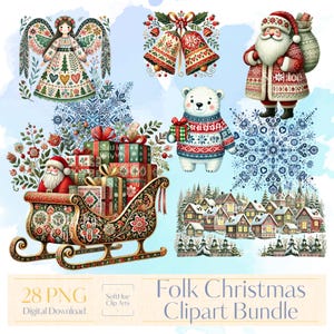 Folk Christmas Clipart Bundle, Whimsical Nordic Holiday PNG Collection, Scandinavian Winter Illustrations, Cozy Christmas Village,Cute Santa