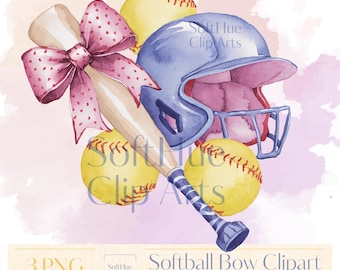 Softball Bow Clipart PNG Bundle, Coquette Softball, Soft Girl Era Digital Files, Pink Blue Helmet Bats