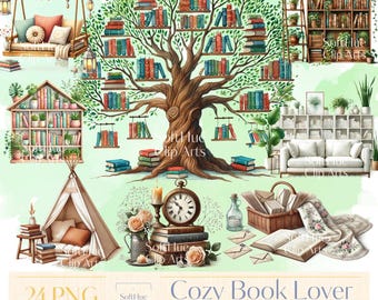 Cozy Book Lover Clipart Bundle, 24 PNG Watercolor Bookish Illustrations, Reading Nook Digital Art, Bookshelf & Owl PNG Set, Commercial Use