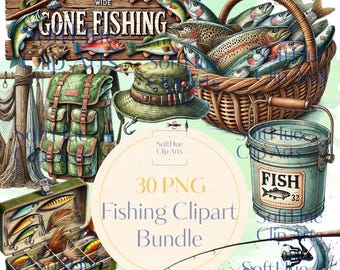 Fishing Clipart Bundle, Rustic Fisherman Life PNG, Watercolor Fishing Illustrations, Bass Lure Rod Canoe PNG,Digital Download,Commercial Use