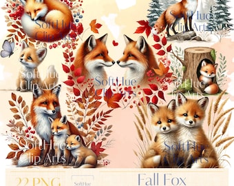 Paquete de imágenes prediseñadas de zorro otoñal / 22 imágenes PNG de animales del bosque en acuarela / Sublimación de zorro bebé otoñal / Imágenes prediseñadas de animales del bosque / Uso comercial