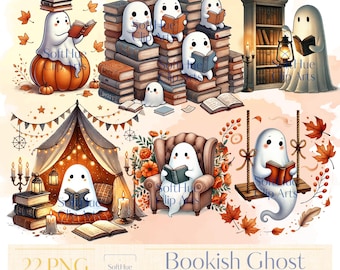Bookish Ghost Halloween Clipart PNG | 20 Watercolor Reading Ghosts | Cute Spooky Autumn Digital Download | Commercial Use