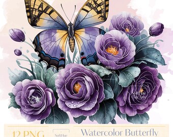 Aquarel vlinder en bloemen clipart, lente png-set, handgeschilderde vlinders, bloemen digitale download, digitale download, commercieel gebruik