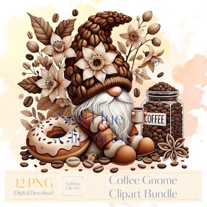 Coffee Gnome Clipart Bundle | 12 PNG Coffee Gnomes | Cute Barista Gnomes with Coffee Beans & Donuts | Coffee Lovers Sublimation Graphics