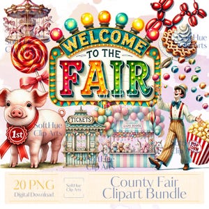 County Fair Clipart Bundle, Retro Watercolor Carnival Illustrations PNG, Ferris Wheel, Food Stalls, Game Booth, Popcorn, Cotton Candy
