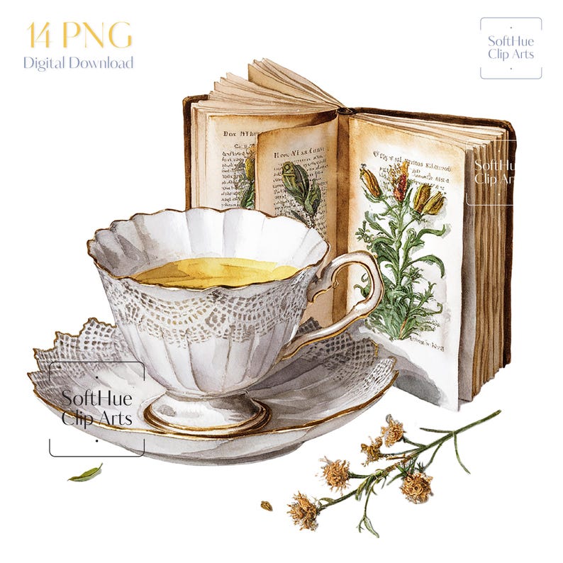 Tea and Book Clipart PNG Bundle, Vintage Tea Cup Clipart, Watercolor ...