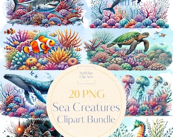 Sea Creatures Clipart Bundle, 20 Watercolor Ocean Animals PNG, Dolphin Shark Sea Turtle Jellyfish Clip Art, Under the Sea Digital Download
