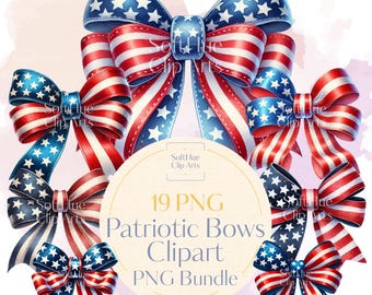 Patriotic Bows Clipart PNG Bundle | 4th of July Watercolor USA Flag Bows | Independence Day Digital Download | 19 High-Res Files