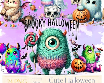 Lindo paquete de imágenes prediseñadas de monstruos de Halloween: 24 criaturas espeluznantes de acuarela PNG, gráficos kawaii de Halloween, fantasmas, calabazas, dulces, uso comercial