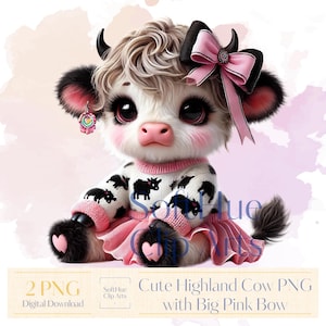 Cute Girl Highland Cow PNG Bundle | Pink Bow & Sweatshirt Cow Clipart | Kawaii Baby Cow Sublimation | 2 PNG Files for Shirt, Mug, Tumbler