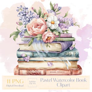 パステル水彩画の本のクリップアート、ヴィンテージの花柄の本の PNG、美しい本の積み重ねアート、ソフトカラーの本のデジタルダウンロード