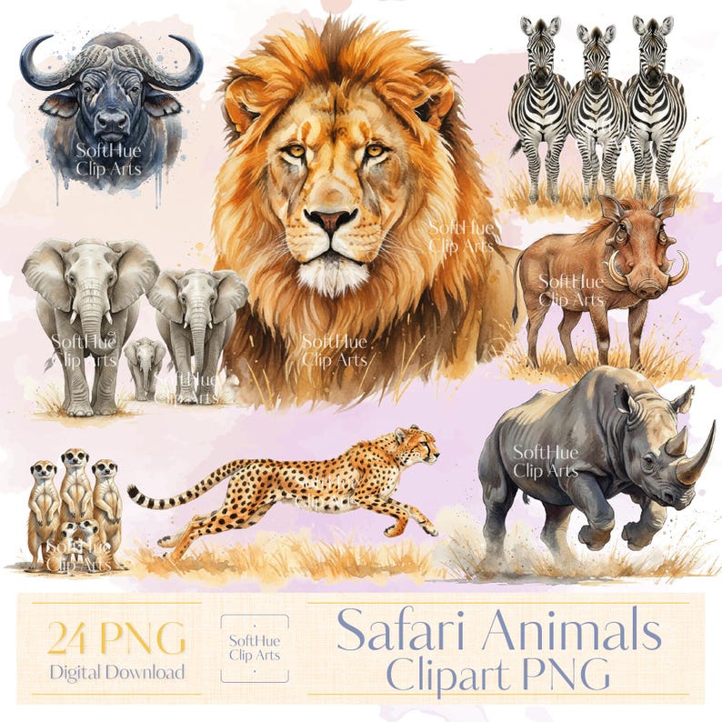 Watercolor Safari Animals Clipart PNG - 24 African Wildlife ...
