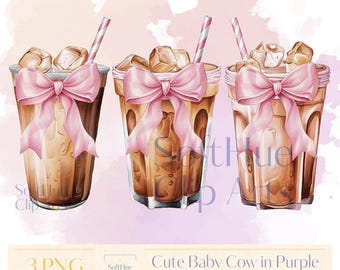 Kokette Eiskaffee PNG Bundle | Trendy Kaffee mit Schleifen Clipart | Niedliche Ästhetische Iced Latte Sublimation | 3 PNG-Dateien für Shirt & Becher