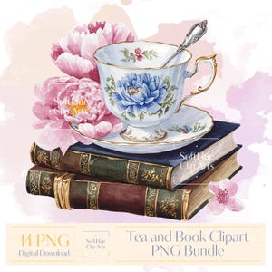 Tea and Book Clipart PNG Bundle, Vintage Tea Cup Clipart, Watercolor Tea Time PNG, Book Lover Sublimation, Cozy Aesthetic, Cottagecore Books
