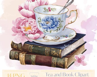 Tea and Book Clipart PNG Bundle, Vintage Tea Cup Clipart, Watercolor Tea Time PNG, Book Lover Sublimation, Cozy Aesthetic, Cottagecore Books