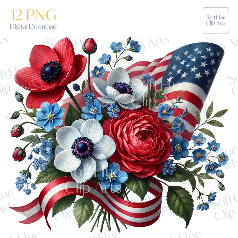 12 Patriotic PNG Clipart, 4th of July Watercolor Bouquets, Independence ...