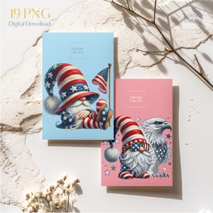 May include: Two notebooks with patriotic gnome and eagle designs. One notebook is light blue with a gnome wearing a red, white, and blue hat and outfit. The other is pink with a gnome and eagle. The text "Soft Hue Clip Arts" is on both.