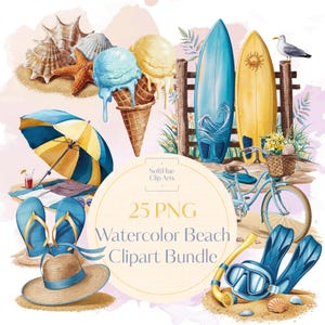Watercolor Beach Clipart Bundle, Summer Coastal Clip Art PNG, Beach Elements Digital Sublimation, 25 PNG Files