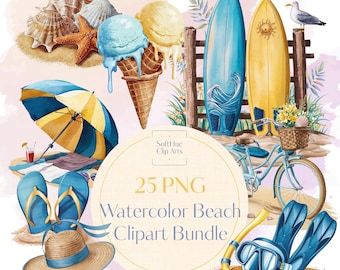 Watercolor Beach Clipart Bundle, Summer Coastal Clip Art PNG, Beach Elements Digital Sublimation, 25 PNG Files