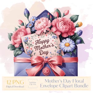 Pacote de clipart de aquarela para o dia das mães, envelope floral e cartão-presente PNG, sublimação para o dia das mães, download digital