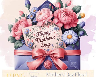 Mother's Day Watercolor Clipart Bundle, Floral Envelope & Gift Card PNG, Mother's day sublimation, Digital Download