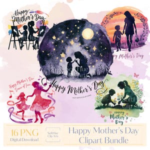 Glücklicher Muttertag Clipart Bundle, Mutter und Kind Silhouette PNG, Aquarell Muttertag Sublimation, digitales Basteln
