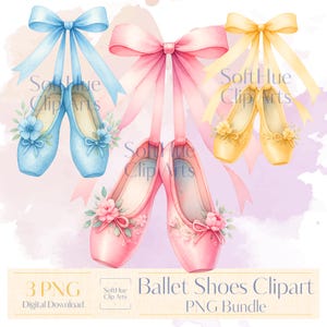 Ballet Shoes Clipart PNG Bundle, Watercolor Ballerina Slippers with Ribbons Flowers, Baby Girl Nursery Art, Ballerina Clip Art, Cards Crafts