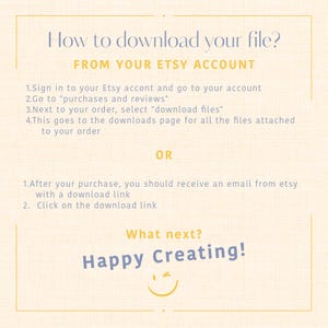 May include: A guide on a cream-colored background with text in blue and yellow, explaining how to download files from Etsy. Instructions include accessing the Etsy account and email download links. The phrase "Happy Creating!" is at the bottom.