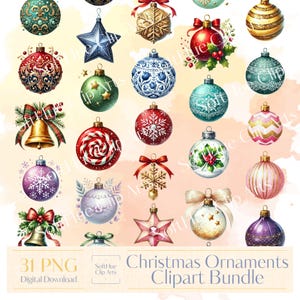 May include: A collection of 31 PNG Christmas ornaments in various shapes and colors, including baubles, stars, and bells. The ornaments feature intricate designs, bows, and snowflake patterns. The text "Christmas Ornaments Clipart Bundle" is displayed.