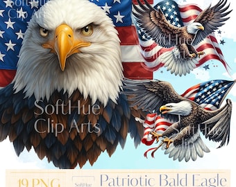 Patriotic Bald Eagle Clipart Bundle, 4th of July USA Flag PNG, Watercolor Independence Day Eagles, Memorial Day Digital Downloads