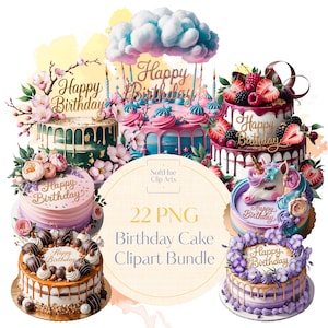 Watercolor Birthday Cake Clipart, Hand-Painted Cake PNG, Happy Birthday graphics, Pastel Cake Illustration, With Transparent Background
