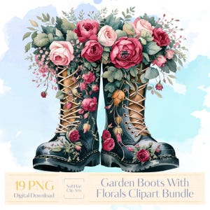 Watercolor Garden Boots Clipart, Spring Floral PNG, Vintage Flower Boots Digital Download, Rustic Gardening Aesthetic PNG | 19 Files