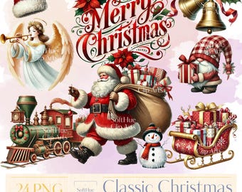 Classic Christmas Watercolor Clipart Collection, 24 Festive Holiday PNG Elements, Instant Digital Download