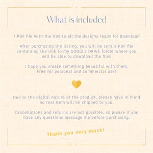 May include: A digital download listing for printable designs. The text reads "What is included?" and lists the details of the digital download. The text also says "Free for personal and commercial use!" and "Thank you very much!"