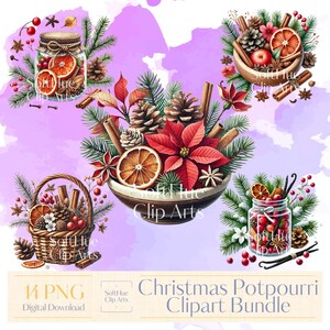 May include: Watercolor Christmas potpourri clipart bundle featuring various arrangements in jars, bowls, and baskets. Includes dried orange slices, cinnamon sticks, pine cones, and red berries. The text "Christmas Potpourri Clipart Bundle" is visible.