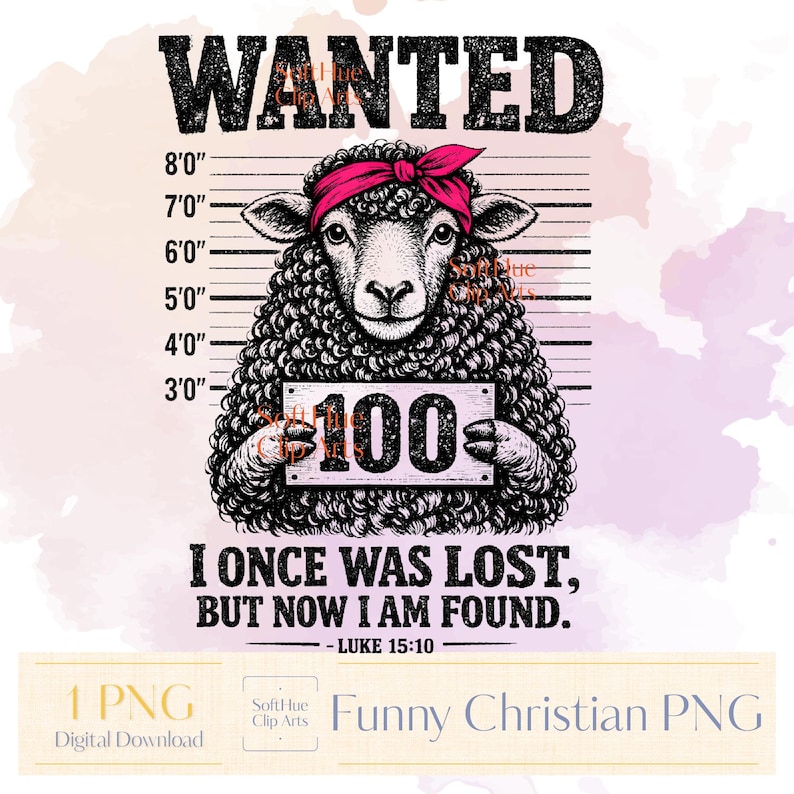 Christian PNG, religious sublimation, funny Jesus art, lost sheep parable, biblical humor, Luke 15 scripture, faith based design, church group shirt, youth ministry svg, cute sheep clipart, pink bandana sheep, mugshot aesthetic, police lineup art, funny wanted poster, I once was lost, but now am found, amazing grace theme, Christian easter png, Jesus saves, the one sheep, leave the 99, shepherd parable, gospel art, bible verse quote, religious quote png, trendy christian, retro vintage style