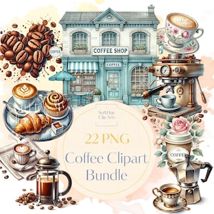 Koffie clipartbundel, 22 png-aquarelillustraties, koffie- en gebakkunst voor commercieel gebruik, digitale koffie-esthetiek Clip Art downloaden