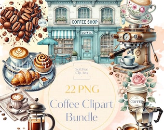 Coffee Clipart Bundle, 22 PNG Watercolor Illustrations, Coffee & Pastry Art for Commercial Use, Digital Coffee Aesthetic Clip Art Download