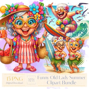 Paquete de imágenes prediseñadas de anciana divertida de verano, imágenes prediseñadas de abuela divertida de verano, pegatinas PNG de ancianas caprichosas, archivos digitales de lindas fiestas en la playa