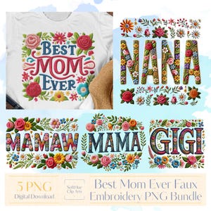 Paquete PNG con bordado falso de la mejor mamá del mundo / PNG floral para el Día de la Madre / Sublimación vintage de mamá, mamá, nana, gigi y mamaw / Regalo para mamá