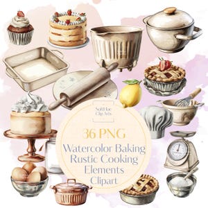 May include: A set of 36 watercolour illustrations of rustic baking and cooking elements. The set includes a variety of items, such as cakes, pies, kitchen tools, and ingredients. The illustrations are in a vintage style and are perfect for adding a touch of charm to your projects.