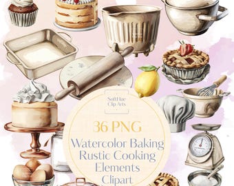 Clipart di cottura ad acquerello, 36 illustrazioni di cucina PNG, elementi di cucina rustica, arte di panetteria digitale, utensili per pasticceria e cottura