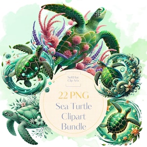 Sea Turtle Clipart Bundle PNG, Ocean Life Sublimation, Watercolor Sea Turtle Digital Download, Tropical Turtle Art
