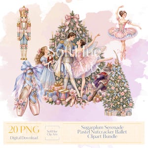 May include: A digital clipart bundle featuring Nutcracker ballet themes with a nutcracker soldier, a ballerina, a prince and princess dancing, ballet slippers with ribbons, and decorated Christmas trees in pastel pink, blue, and gold tones.