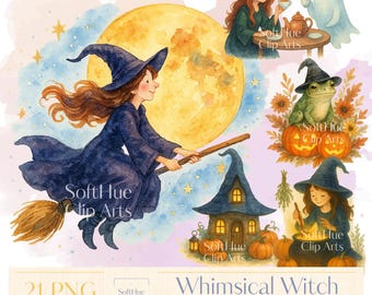 Whimsical Witch Halloween Clipart Bundle, Magical Watercolor Witch PNG, Cute Halloween Girls, Witchcore Digital Art, Books PNG