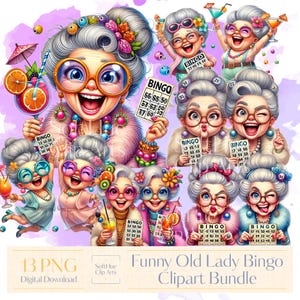 Funny Old Lady Bingo Clipart Bundle | 13 PNG Files | Crazy Granny Cocktail Party Sublimation | Quirky Senior Clip Art for POD